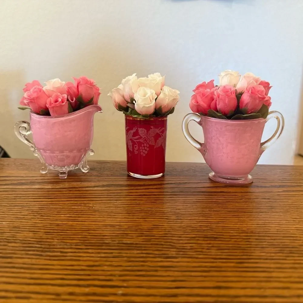 Vintage Pink Floral Bud Vase Set Hand Painted Cottagecore Shabby Chic 3 Pieces
